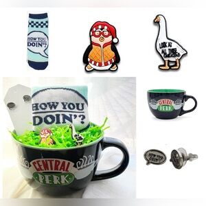 FRIENDS Gift Bundle of 5 - Central Perk Mug, Joey Socks, Earrings & Shoe Charms